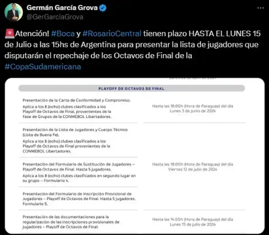 Boca y Rosario Central y la fecha límite para presentar la lista de buena fe (X @GerGarciaGrova).