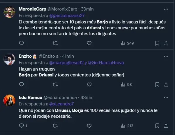 Opiniones divididas en un posible trueque Borja-Driussi (Twitter).
