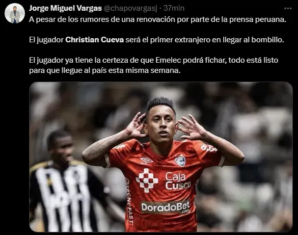 Christian Cueva jugaría en Emelec (Foto: X).