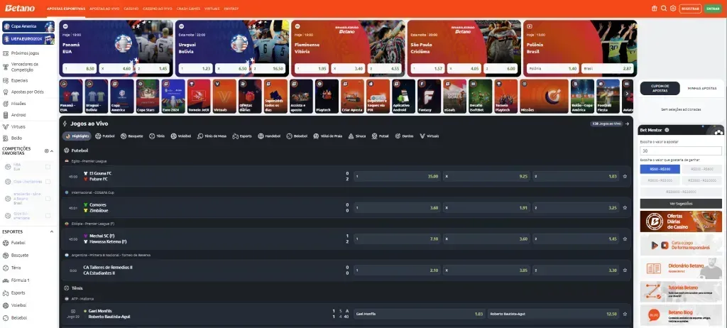 Captura da tela de site da Betano, com lista de esportes à esquerda, jogos ao vivo e principais eventos ao centro, e Bet Mentor e ofertas à direita