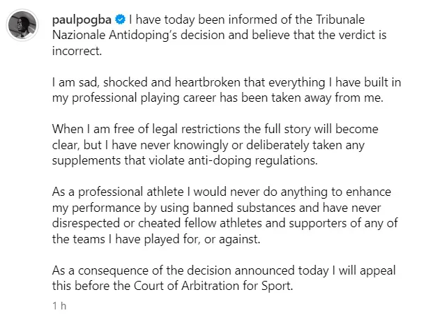 Pogba’s statement after knowing the sentece. Paul Pogba’s Instagram account