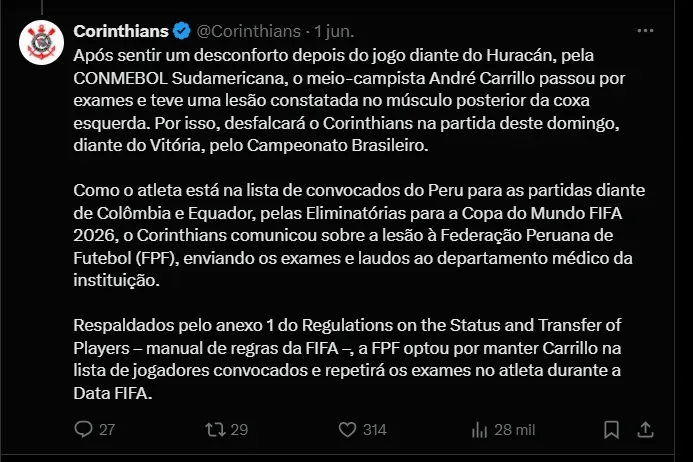 Fuente: @Corinthians