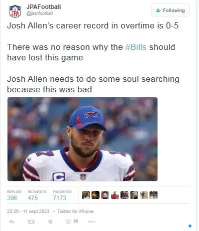 With the loss to New York Jets, Josh Allen is 0-5 in career overtime games