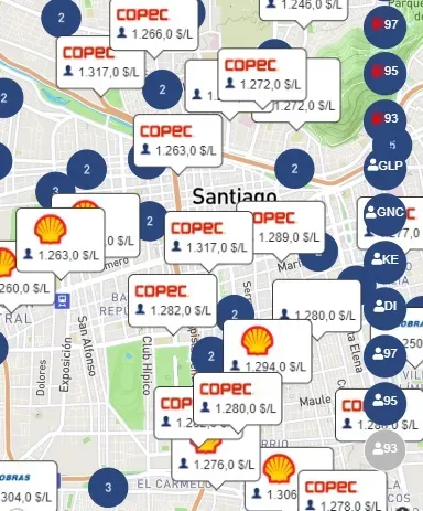 Así se ve el mapa de bencinaenlinea.cl