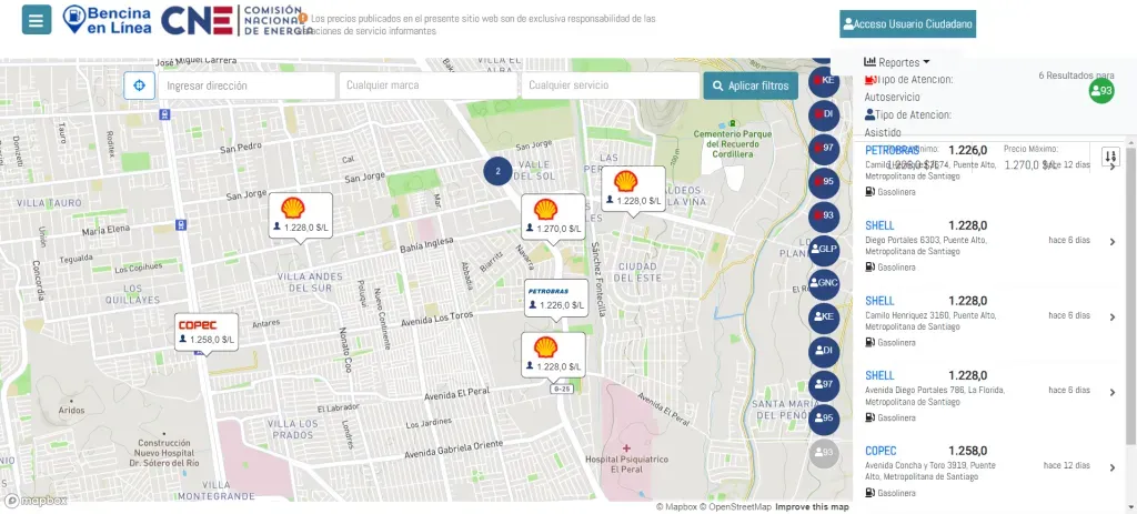 Revisa las gasolineras más económicas de tu sector en Bencinaenlinea.cl de la CNE.
