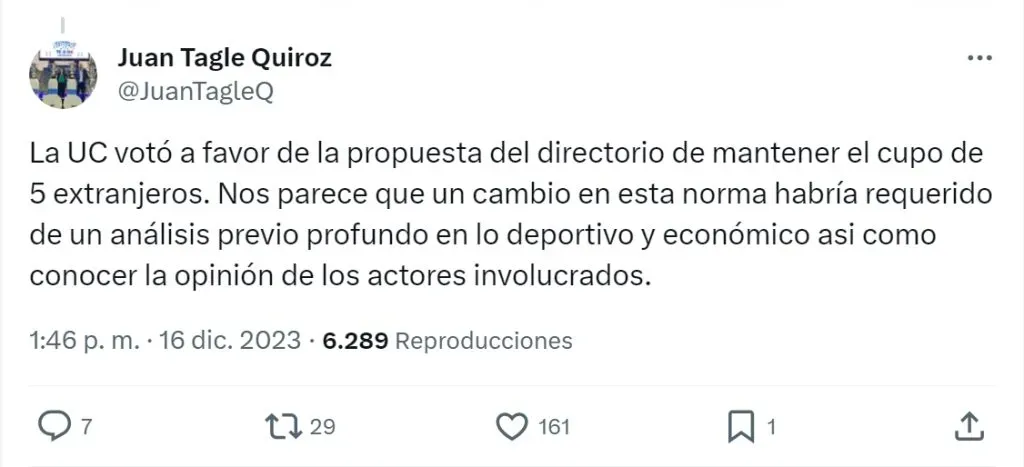 La opinión del presidente de la UC por votación del Consejo de Presidentes (@JuanTagleQ)