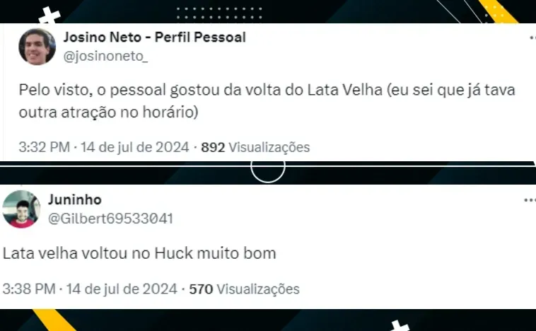 Internautas comentam sobre a volta do Lata Velha no Domingão com Huck - Foto: Twitter