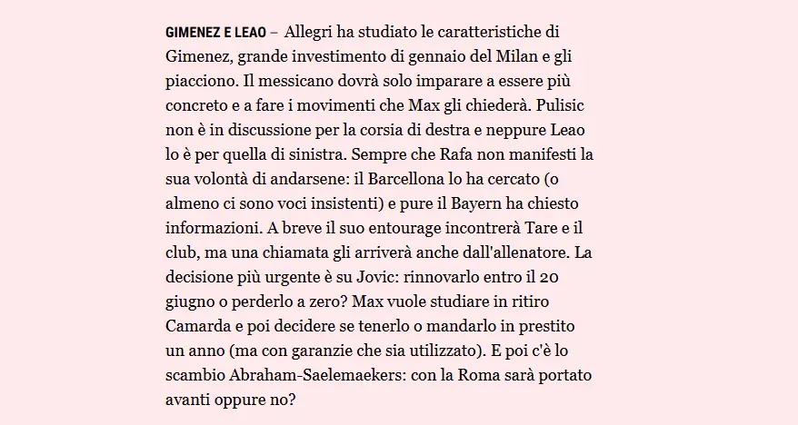 La prensa italiana señaló los planes que tendrían en Milan con Santi Giménez (La Gazzetta dello sport).
