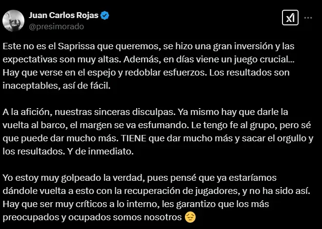 El mensaje de Juan Carlos Rojas en su cuenta de X.