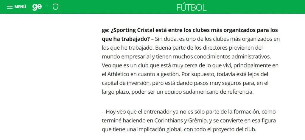 Tiago Nunes hablando sobre Sporting Cristal para Globo Esporte. Foto: Globo Esporte.