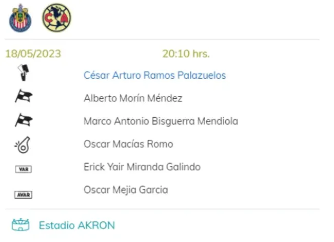 Cuerpo arbitral para Chivas vs. América (Captura: FMF)