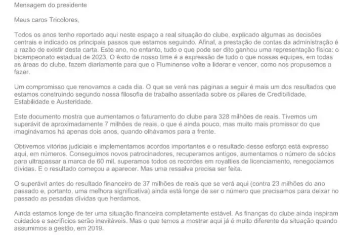 Carta do presidente Mário Bittencourt ao Conselho do Clube