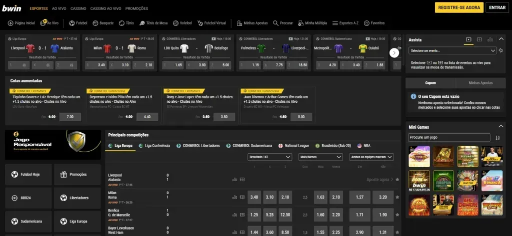 Captura de tela do website da bwin, em tons de preto e amarelo, com tabela de Odds aumentadas, e ainda Principais competições com apostas ao vivo, além de Cupom de apostas do lado direito