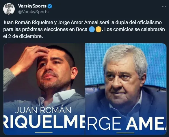 Riquelme-Ameal, la fórmula del oficialismo para las elecciones en Boca (Twitter @VarskySports).