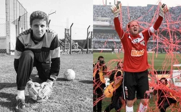 Rogério Ceni em sua estreia no Morumbis em 1990 e em 2011 celebrando seu milionésimo gol pelo clube paulista – Foto: Divulgação/São Paulo FC