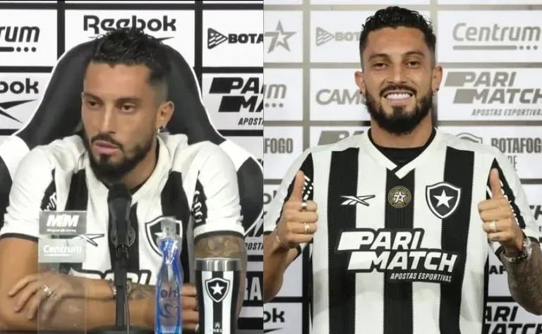 Alex Telles sendo apresentado oficialmente como novo reforço do Botafogo – Foto: Vitor Silva/Botafogo; TV Botafogo