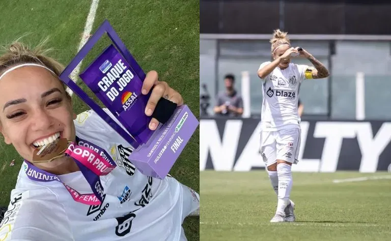 Thaisinha, jogadora do Santos comemora vitória sobre o Bragantino e título da Copa Paulista Feminina 2024, na qual foi  a “craque do jogo”. Foto: BrunoVaz/ Santos FC
