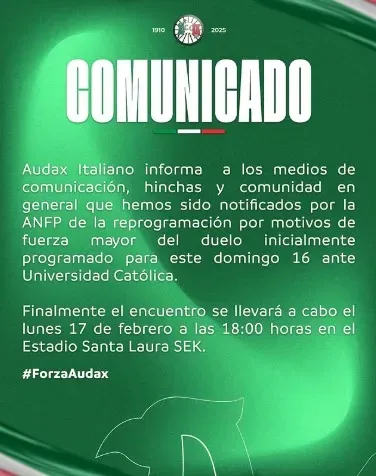 Comunicado del Audax Italiano informando la reprogramación del partido.