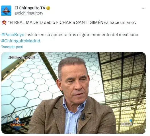 Paco Buyo opinó sobre el posible fichaje de Santi Giménez