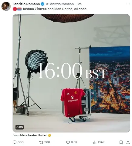 The transfer of Joshua Zirkee to Manchester United is about to be confirmed.