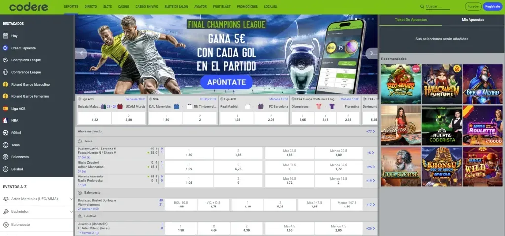 Captura de tela da Codere demonstrando a plataforma. 