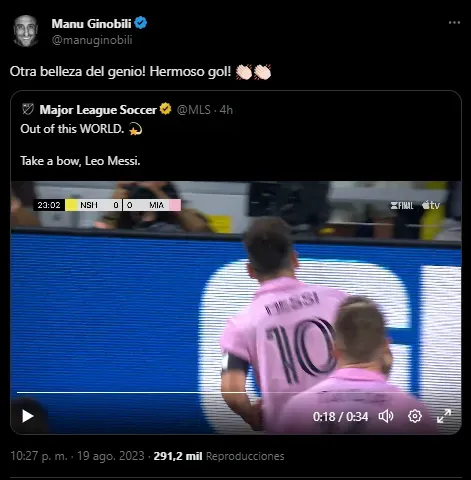 Manu reacciona al gol de Messi (Foto: Twitter / @manuginobili)