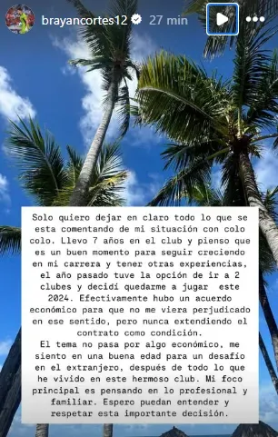 El mensaje de Brayan Cortés para dejar Colo Colo.