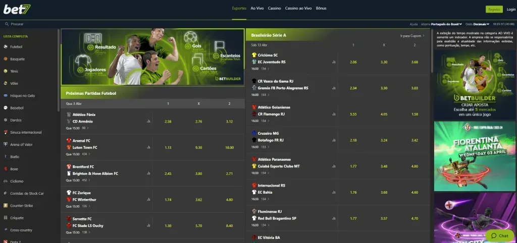 Captura de tela do website da Bet7, com Próximas partidas de Futebol e odds para Brasileirão Série A