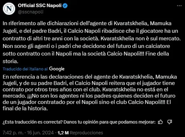 Napoli descarta negociar con otros clubes por Kavaratskhelia.