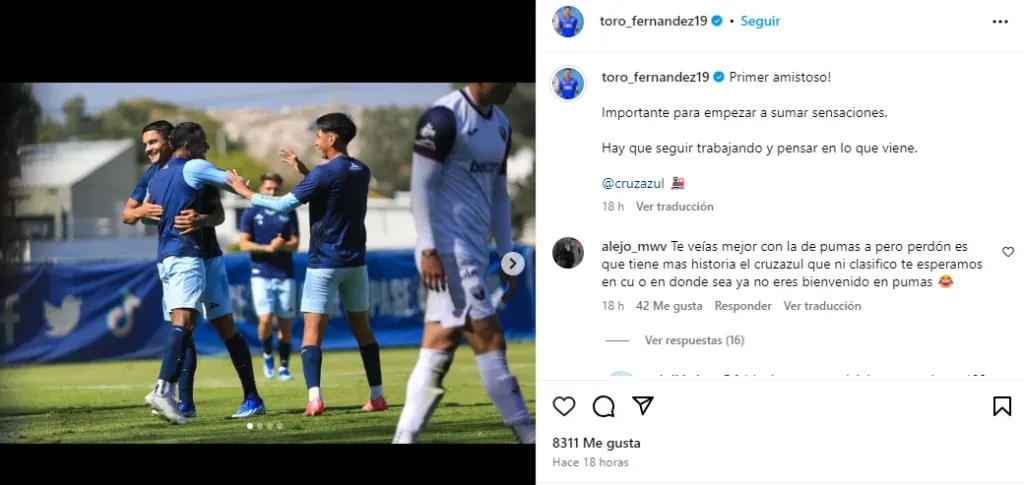 Publicación del Toro Fernández en su cuenta de Instagram