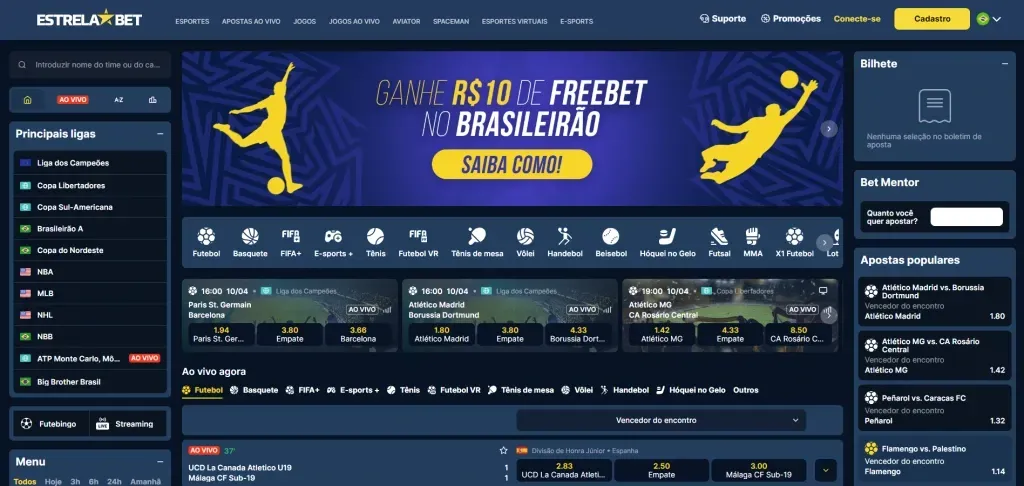 Captura de tela do site da EstrelaBet após o cadastro, demonstrando a plataforma e as diferentes seções pelas quais é possível navegar. 