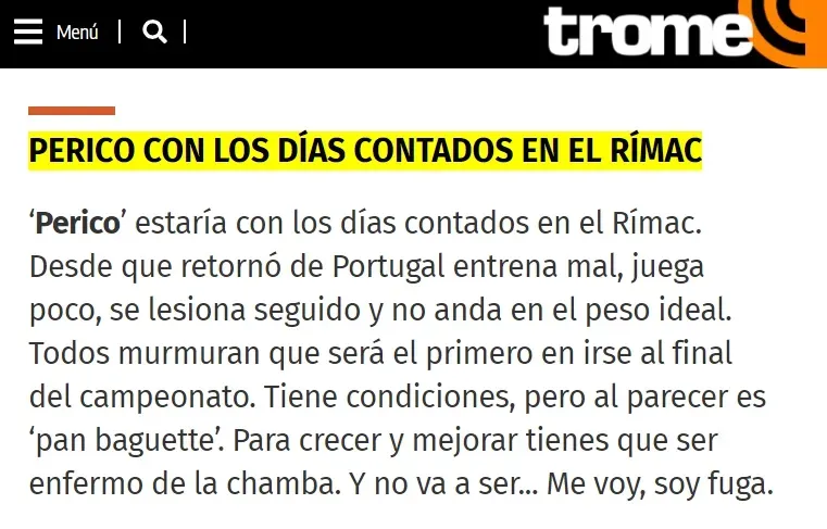 Diario Trome habló sobre Percy Liza en Sporting Cristal. | Créditos: Captura Diario Trome.