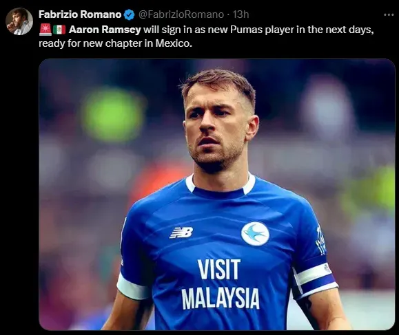 Aaron Ramsey jugará en Pumas (Foto: X de Fabrizio Romano).