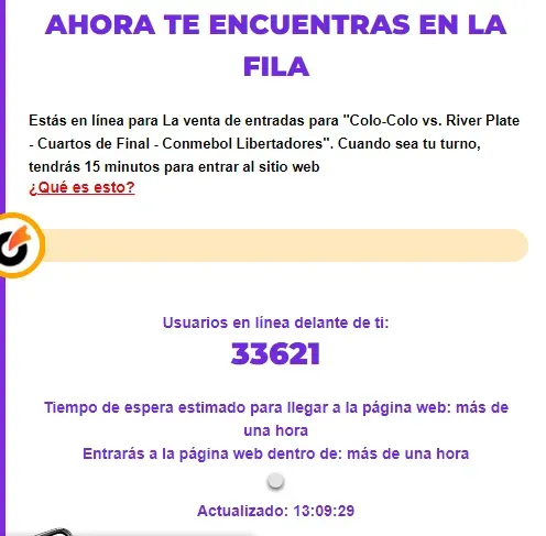 Fila virtual en Puntoticket para el duelo de Colo Colo vs River | Foto: Captura