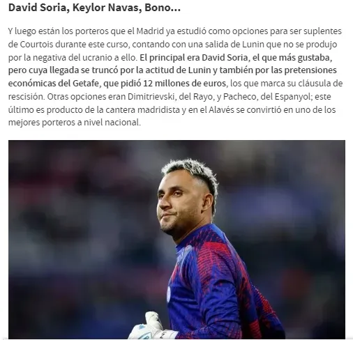 Marca presenta a Keylor Navas como candidato a llegar al Real Madrid.