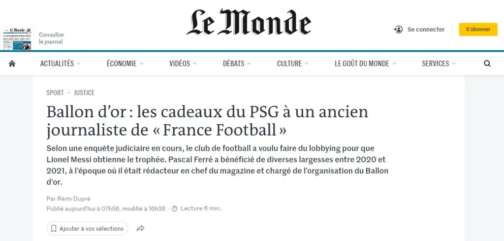 La polémica denuncia contra PSG y el periodista Pascal Farré que salpica el Balón de Oro de Messi (Le Monde).