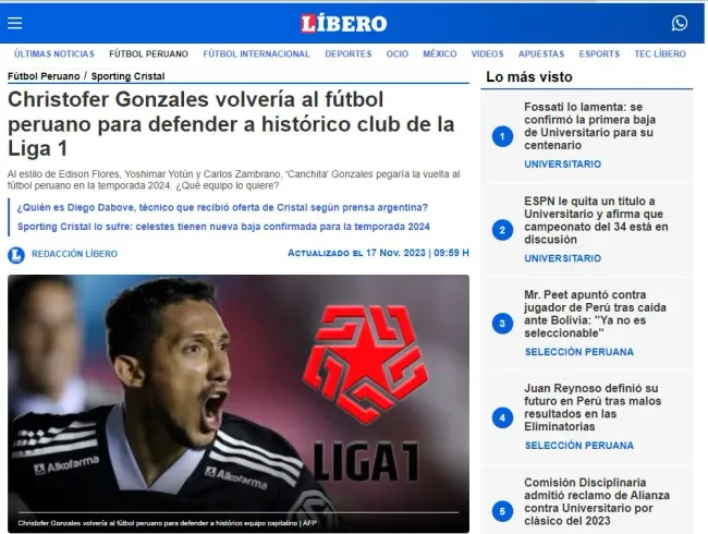Christofer Gonzales podría regresar a Sporting Cristal. (Foto: Diario Líbero).