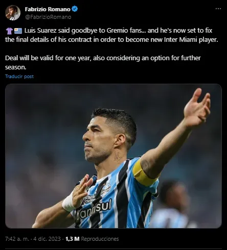 Romano sobre Suárez a Inter Miami. (Foto: X / @FabrizioRomano)