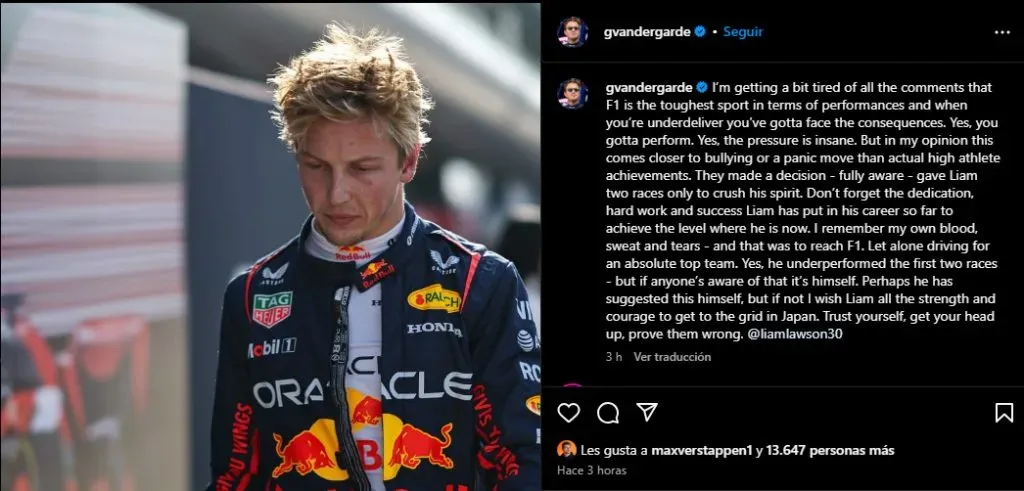 El post de van der Garde que likeó Verstappen.