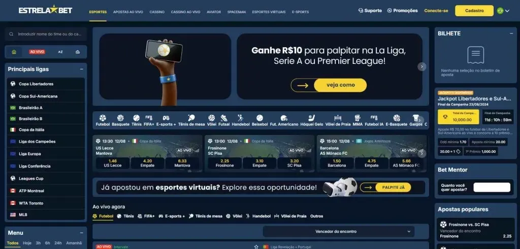 Captura de tela da versão desktop da plataforma da EstrelaBet, demonstrando as diferentes seções pelas quais é possível navegar. 