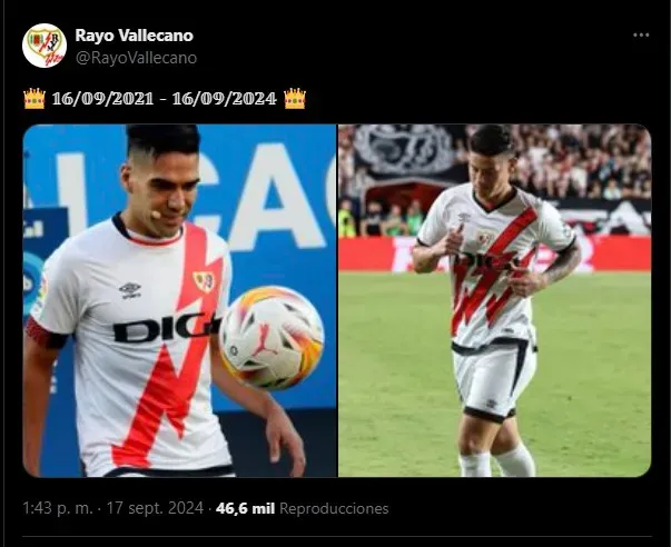 Mensaje del Rayo para Falcao y James. (Foto: X / @RayoVallecano)