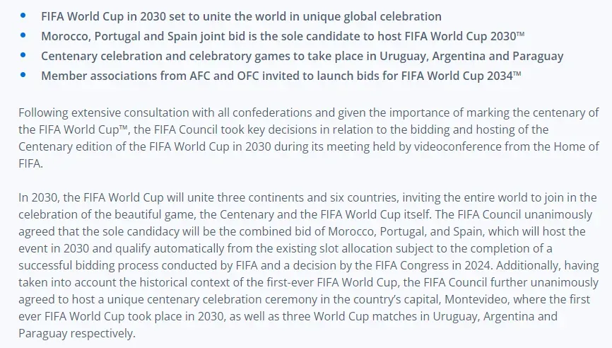 Parte del comunicado de FIFA sobre el Mundial 2030.