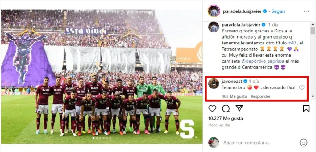 El comentario de Javon East en el posteo de Luis Paradela. (Foto: Instagram)
