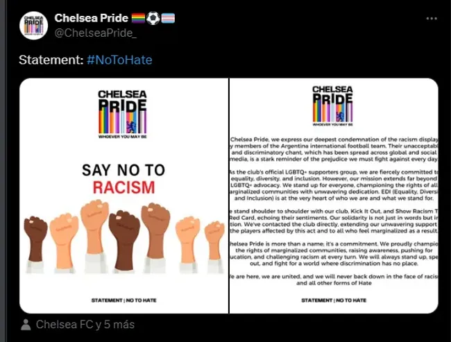 El grupo Chelsea Pride etiquetó a varias organizaciones en su comunicado. También al club.