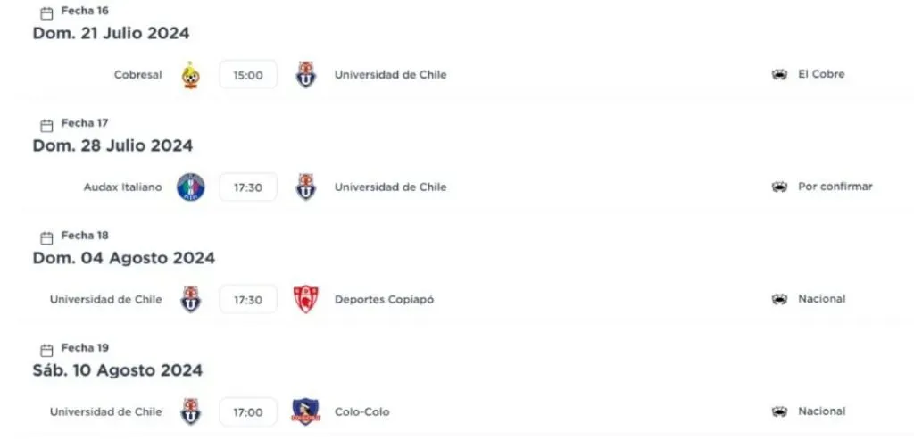 Las próximas cuatro fechas para la U en el Campeonato Nacional (Captura)