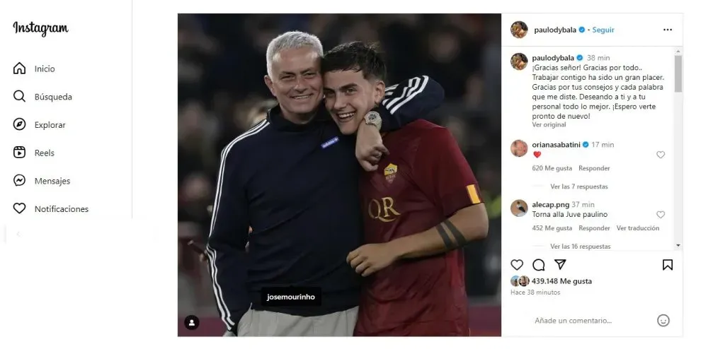 El posteo de Dybala en Instagram para Mourinho.