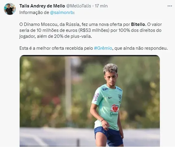 Grêmio aceita proposta, e Bitello pode se mudar para o futebol russo