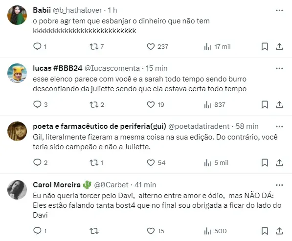 Internautas comentam sobre falas de Gil do Vigor sobre o BBB 24 - Foto: Twitter