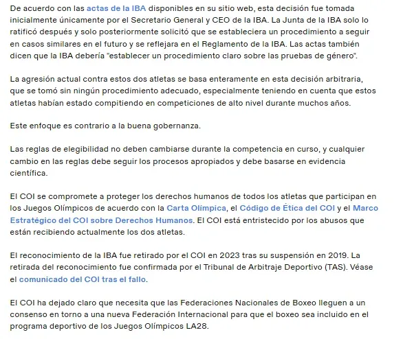 La segunda parte del comunicado del COI sobre el caso Imane Khelif.