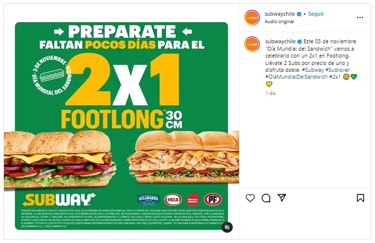 Subway anuncia su promo para el Día de Sándwich | Foto: @subwaychile